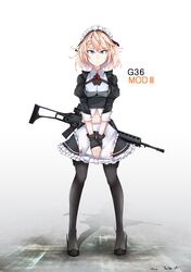  1girl 2018 absurdres apxkf2003 assault_rifle black_gloves blonde_hair character_name dated fingerless_gloves g36 g36_(girls_frontline) girls_frontline gloves green_eyes gun highres maid_headdress midriff navel neck_ribbon pantyhose ribbon rifle shadow short_hair solo weapon white_background 