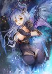  1girl ass breasts dragon_girl dragon_horns dragon_wings fang gloves highres horns large_breasts long_hair looking_at_viewer looking_back open_mouth original se-u-ra sideboob silver_hair smile solo wings yellow_eyes 