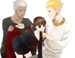 1girl 2boys archer black_pants black_sailor_collar black_serafuku black_shirt black_skirt blonde_hair breasts brown_eyes brown_hair cleavage dark_skin earrings fate/extra fate/extra_ccc fate_(series) gilgamesh holding holding_plate jewelry kishinami_hakuno_(female) long_hair long_sleeves md5_mismatch medium_breasts miniskirt mistxtea mouth_hold multiple_boys neckerchief open_mouth pants plate pleated_skirt red_eyes red_neckwear sailor_collar school_uniform serafuku shirt silver_hair simple_background skirt smile white_background white_shirt 