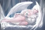  1other androgynous bare_legs bare_shoulders barefoot closed_mouth commentary_request dress feathered_wings flower highres holding long_hair long_sleeves lying on_side original qidai rose smile solo toenails white_dress white_flower white_hair white_rose white_wings wings 