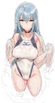  1girl breasts brown_eyes choker copyright_request grey_hair groin hair_over_one_eye highleg highres long_hair looking_at_viewer medium_breasts one_eye_closed solo standing suisogenshi wading wet 