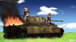  3girls blonde_hair blue_eyes breasts caterpillar_tracks clouds day fire grass green_eyes ground_vehicle hat highres lying military military_hat military_uniform military_vehicle motor_vehicle multiple_girls on_back open_mouth original panzerkampfwagen_panther shirt short_hair silver_hair sky tank tokihama_jirou twintails uniform world_war_ii yellow_eyes 