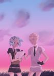  2others absurdres androgynous antarcticite aqua_eyes aqua_hair blue_eyes blue_hair clipboard clouds colored_eyelashes crystal_hair gem_uniform_(houseki_no_kuni) gloves grass hand_on_hip highres houseki_no_kuni multiple_others necktie outdoors phosphophyllite pink_sky scenery short_hair smile twilight white_eyes 