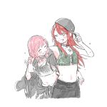  2girls ^_^ adjusting_clothes adjusting_hat arm_around_shoulder armpits bang_dream! bangs baseball_cap black_hat black_jacket black_pants blush bowwow_(hamju94) breasts camouflage choker cleavage closed_eyes closed_eyes clothes_around_waist crop_top grin hand_on_another&#039;s_arm hat holding_drumsticks jacket jacket_around_waist jacket_on_shoulders jewelry long_hair looking_at_another low_twintails medium_hair multiple_girls one_eye_closed pants pendant pink_hair redhead smile stomach sweat twintails udagawa_tomoe uehara_himari white_background 