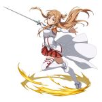  1girl asuna_(sao) braid breastplate brown_eyes brown_hair detached_sleeves floating_hair full_body holding holding_sword holding_weapon leg_up long_hair long_sleeves looking_at_viewer miniskirt outstretched_arms pleated_skirt red_skirt shiny shiny_hair simple_background skirt solo sword sword_art_online sword_art_online:_code_register thigh-highs very_long_hair waist_cape weapon white_background white_legwear white_sleeves zettai_ryouiki 