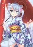  1girl :o ahoge animal_ear_fluff animal_ears arm_up asashio_(azur_lane) azur_lane bangs blue_eyes breasts cat_ears cat_tail cherry_blossoms contrapposto cowboy_shot eyebrows_visible_through_hair flower hair_between_eyes hair_flower hair_ornament hair_ribbon hairclip highres holding holding_umbrella japanese_clothes kikkoumon kimono light_blue_hair looking_at_viewer nekomushi obi oriental_umbrella outdoors pink_ribbon print_kimono ribbon sash short_hair side_ponytail sidelocks small_breasts snowing solo tail torii umbrella 