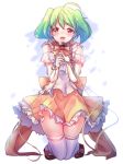  1girl ahoge blush bow deeple green_hair kneeling looking_at_viewer macross macross_frontier microphone music open_mouth ranka_lee red_eyes short_hair singing skirt smile solo thigh-highs thighs wind wind_lift 