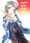  1girl 2019 arrow blue_eyes blush commentary_request floral_print flower grey_hair grin hair_flower hair_ornament hairband hairclip happy_new_year highres holding holding_arrow japanese_clothes kimono long_sleeves looking_at_viewer love_live! love_live!_sunshine!! new_year one_eye_closed rozen5 short_hair smile solo teeth translated watanabe_you wide_sleeves 
