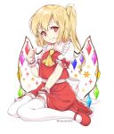  1girl artist_name ascot bangs blonde_hair blush bow commentary_request crystal eyebrows_visible_through_hair flandre_scarlet frilled_shirt_collar frills full_body hair_between_eyes hand_up haruki_(colorful_macaron) head_tilt long_hair looking_at_viewer mary_janes no_hat no_headwear one_side_up petticoat red_bow red_eyes red_footwear red_skirt red_vest shirt shoes simple_background sitting skirt skirt_set smile solo thigh-highs thighs touhou twitter_username vest wariza white_background white_legwear white_shirt wings wrist_cuffs yellow_neckwear zettai_ryouiki 