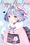  1girl 2019 :d animal_ears artist_name blue_background blue_hair blush bow commentary english_commentary fur_collar gloves hair_bow hair_bun happy_new_year heart japanese_clothes kimono long_sleeves looking_at_viewer new_year obi open_mouth original pink_bow pink_kimono rabbit_ears red_eyes sash side_bun smile solo striped striped_bow upper_body vertical_stripes wasabi_(sekai) white_gloves wide_sleeves 
