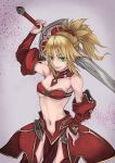  1girl absurdres arm_up blonde_hair bra braid breasts cleavage crown_braid detached_sleeves fate/apocrypha fate_(series) faulds green_eyes grey_background grin hair_ornament hair_scrunchie hand_on_hip highres holding holding_sword holding_weapon long_hair long_sleeves looking_at_viewer medium_breasts mordred_(fate) mordred_(fate)_(all) navel ponytail red_bra red_legwear red_scrunchie red_sleeves scrunchie shiny shiny_skin simple_background smile solo standing strapless strapless_bra swimsuit sword under_boob underwear weapon yasu_(segawahiroyasu) 
