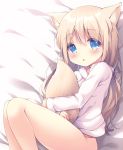  1girl :o animal_ear_fluff animal_ears bangs bed_sheet blue_eyes blush bottomless commentary_request eyebrows_visible_through_hair fingernails fox_ears fox_girl fox_tail hair_between_eyes hood hood_down hoodie light_brown_hair long_hair long_sleeves looking_at_viewer lying on_side original parted_lips satsuki_yukimi sleeves_past_wrists solo tail tail_hug very_long_hair white_hoodie 