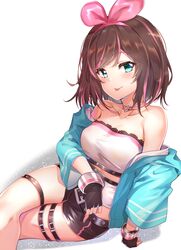  1girl :p a.i._channel aqua_eyes arm_support bangs bare_shoulders black_gloves black_shorts blue_jacket blush brown_hair choker closed_mouth collarbone commentary_request crop_top eyebrows_visible_through_hair fingerless_gloves gloves hair_ribbon hairband heart heart_choker highres jacket kizuna_ai korean_commentary leaning_back leg_belt legs_crossed long_sleeves looking_at_viewer multicolored_hair off_shoulder open_clothes open_jacket pink_choker pink_hair pink_hairband pink_ribbon ribbon shadow short_hair short_shorts shorts sitting smile solo sunhyun swept_bangs thigh_strap tongue tongue_out two-tone_hair virtual_youtuber white_background 