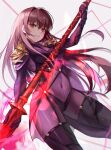  1girl absurdres armor bangs blush bodysuit breasts fate/grand_order fate_(series) gae_bolg_(fate) hair_between_eyes highres huge_filesize kyo_(maae00) large_breasts long_hair looking_at_viewer pauldrons polearm purple_bodysuit purple_hair red_eyes revision scathach_(fate) scathach_(fate)_(all) shoulder_armor smile solo spear thighs very_long_hair weapon 