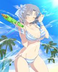  1girl bikini blue_eyes blue_hair bow breasts cleavage day hair_bow hair_ornament large_breasts looking_at_viewer navel official_art one_eye_closed open_mouth palm_tree rainbow senran_kagura senran_kagura_peach_beach_splash short_hair solo striped striped_bikini swimsuit tree water water_gun yaegashi_nan yumi_(senran_kagura) 