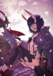  1girl :d absurdres bangs blunt_bangs breasts cherry_blossoms cleavage cup eyebrows_visible_through_hair fang fate/grand_order fate_(series) hair_ornament highres holding horns leggings looking_at_viewer open_mouth outdoors pink_eyes purple_hair purple_legwear revealing_clothes sakazuki short_hair shuten_douji_(fate/grand_order) sitting small_breasts smile solo yasu_(segawahiroyasu) 