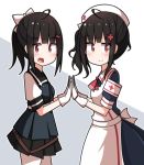  2girls ac130 ahoge alternate_costume alternate_hairstyle apron armband belt black_hair blush commentary_request dual_persona girls_frontline gloves gsh-18_(girls_frontline) hair_ornament hairclip hands_clasped hat highres looking_at_viewer multiple_girls necktie nurse nurse_cap open_mouth own_hands_together ponytail red_eyes side_ponytail simple_background smile vest white_background white_gloves 