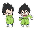  1boy anger_vein angry annoyed arm_at_side bidarian black_eyes black_hair boots chibi clenched_hand coat d: dragon_ball dragon_ball_super dragon_ball_super_broly dragonball_z expressionless frown full_body gloves green_coat hands_in_pockets looking_at_viewer male_focus open_mouth serious short_hair simple_background spiky_hair standing teeth upper_body v-shaped_eyebrows vegeta white_background winter_clothes 