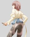  1girl black_pants blue_shirt cowboy_shot from_behind green_eyes grey_background hair_ornament holding holding_knife knife long_sleeves mishiro_(andante) pants redhead rose_(tales) shiny shiny_hair shirt short_hair simple_background solo standing tales_of_(series) tales_of_zestiria 