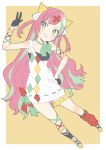  1girl absurdres arm_up collarbone donguri_suzume flat_chest full_body green_eyes hair_ornament highres long_hair looking_at_viewer multicolored_hair pink_hair pinky_pop_hepburn pinky_pop_hepburn_official ribbon shirt shoes simple_background solo v virtual_youtuber 