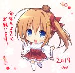  1girl 2019 :d animal animal_on_head bangs blue_eyes blush boar bow chibi chinese_zodiac commentary_request eyebrows_visible_through_hair frilled_skirt frills hair_between_eyes hair_bow hair_ornament hairclip japanese_clothes kimono light_brown_hair long_sleeves looking_at_viewer miko on_head open_mouth original outstretched_arms pimopi red_bow red_footwear red_skirt ribbon-trimmed_sleeves ribbon_trim short_kimono side_ponytail sidelocks skirt sleeves_past_wrists smile solo spread_arms standing standing_on_one_leg thigh-highs translated white_kimono white_legwear wide_sleeves year_of_the_pig 