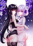  2girls absurdres ass bandeau bangs baocaizi bare_arms bare_shoulders black_hair black_legwear black_leotard blush bow bow_panties commentary_request crying crying_with_eyes_open eyebrows_visible_through_hair flower glowing hair_between_eyes hair_flower hair_ornament highres lace lace-trimmed_thighhighs leotard long_hair multiple_girls original panties parted_lips purple_flower purple_rose red_eyes ribbon-trimmed_panties rose short_hair silver_hair tears thigh-highs underwear very_long_hair violet_eyes white_bandeau white_flower white_panties 