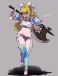  1girl :q abs ataka_takeru axe blonde_hair blue_eyes bow breasts character_name charlotte_(fire_emblem_if) cleavage fire_emblem fire_emblem_if full_body grey_background hair_bow holding holding_axe leg_up licking_lips long_hair medium_breasts midriff navel nintendo pauldrons simple_background solo tongue tongue_out white_bow 