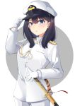  1girl :o aiguillette arm_up black_hair blue_eyes blush commentary_request cowboy_shot gloves hand_on_headwear hat jacket long_hair long_sleeves looking_at_viewer military military_jacket military_uniform minato_yu parted_lips peaked_cap sheath sheathed solo ssss.gridman sword takarada_rikka two-tone_background uniform weapon white_gloves white_hat white_jacket 