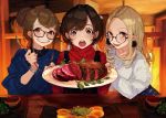  3girls :p blonde_hair brown_eyes brown_hair collared_shirt earrings egg food fork glasses grin hair_bun jewelry long_hair looking_at_viewer meat multiple_girls nail_polish open_mouth original plate red_nails shirt skirt smile sweater table teeth tongue tongue_out yuu_(higashi_no_penguin) 