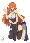  1girl :d bare_shoulders blue_skirt breasts brown_gloves brown_legwear collared_shirt contrapposto cropped_legs extra_arms gloves hair_between_eyes hand_up high-waist_skirt highres lansane large_breasts long_hair looking_at_viewer one_eye_closed open_mouth orange_eyes orange_hair original pelvic_curtain quadriri_(lansane) scar shirt side_slit signature simple_background single_glove skirt smile solo thigh-highs very_long_hair white_background wing_collar 