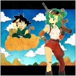  1boy 1girl :d aqua_eyes aqua_hair bag bandage black_eyes black_hair blue_sky boots border bulma carrying clouds cloudy_sky day denim dougi dragon_ball dragon_ball_(classic) expressionless floating flying_nimbus gloves goggles goggles_on_head gun hand_on_hip hand_on_own_face happy highres jeans legs_crossed letterboxed looking_away mountain open_mouth outdoors over_shoulder pants rock shirt short_hair sitting sky sleeves_rolled_up smile son_gokuu spiky_hair spread_legs standing tail teeth toritoki_(trig_tkdb) torn_clothes tree upper_teeth weapon weapon_over_shoulder white_border white_shirt wristband 