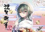  1girl blue_flower blush cherry_blossoms closed_mouth dated eyebrows_visible_through_hair eyepatch flower gradient gradient_background green_eyes green_hair hair_between_eyes hair_flower hair_ornament happy_new_year hat japanese_clothes kantai_collection kimono kiso_(kantai_collection) long_sleeves new_year pig short_hair smile solo translated yuihira_asu yukata 
