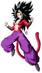  1girl abs bandeau bare_shoulders black_hair breasts caulifla commentary darkhameleon dragon_ball dragon_ball_gt dragon_ball_super earrings english_commentary fur highres jewelry long_hair looking_at_viewer medium_breasts midriff monkey_tail muscle navel pants shirtless smile solo spiky_hair strapless super_saiyan_4 tail wristband yellow_eyes 
