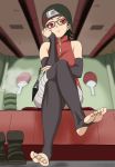  1girl asymmetrical_hair black_hair black_legwear blurry boruto:_naruto_next_generations cup depth_of_field detached_sleeves feet forehead_protector glasses hand_on_own_face highres konohagakure_symbol kunai legs_crossed looking_at_viewer naruto_(series) nush_advance raised_eyebrow red_eyes sharingan shoes_removed short_hair sitting sleeveless soles solo thigh-highs toeless_legwear toes uchiha_sarada uchiha_symbol weapon zipper zipper_pull_tab 