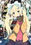  1girl aqua_eyes blonde_hair blush bow closed_mouth gloves hair_bow hair_ornament hairclip highres jacket long_hair looking_at_viewer official_art scarf senran_kagura shirt skirt smile solo twintails winter_clothes yaegashi_nan yomi_(senran_kagura) 