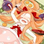  1girl :d asagiri_koori bangs blanket blush bow chains closed_eyes collared_shirt cup drooling drunk fang food fruit gourd hair_bow highres horn_bow horns ibuki_suika long_hair lying mandarin_orange on_back oni oni_horns open_mouth orange_hair rabbit red_bow red_neckwear red_ribbon ribbon sakazuki shirt sleeveless smile solo tied_hair touhou white_shirt wristband 