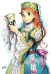  1girl brown_hair cup drinking_glass earrings flat_cap frills green_eyes hat highres holding jewelry juliet_sleeves long_hair long_sleeves looking_at_viewer nail_polish open_mouth original puffy_sleeves raito_(latek) traditional_dress white_background wine_glass 