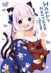  1girl 2019 animal animal_ears bell blue_bow blue_eyes blue_kimono blush boar bow breasts cat_ears cat_girl cat_tail chinese_zodiac claw_pose cleavage fangs floral_print hair_bow hair_ornament hairclip hand_up happy_new_year head_tilt heart highres holding holding_animal japanese_clothes jingle_bell kimono long_hair long_sleeves looking_at_viewer medium_breasts muku_(muku-coffee) multiple_tails nekomata new_year obi original print_kimono sash silver_hair simple_background solo tail tail_raised two_tails white_background wide_sleeves year_of_the_pig 