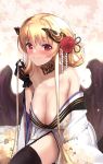  1girl bare_shoulders black_legwear black_wings blonde_hair blurry blurry_background blush breasts cleavage closed_mouth depth_of_field detached_collar eyebrows_visible_through_hair eyes_visible_through_hair floral_background flower flower_request glint hair_flower hair_ornament hand_up highres horns japanese_clothes kimono kneeling large_breasts long_hair long_sleeves looking_at_viewer mole mole_on_breast no_bra off_shoulder original pink_background red_eyes red_flower smile solo thigh-highs untsue very_long_hair white_kimono wings 