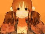 1girl bangs brown_background brown_eyes brown_hair fur_trim hageshii_nakano heart heart_necklace highres idolmaster idolmaster_cinderella_girls looking_at_viewer simple_background solo surgical_mask totoki_airi twintails white_face_mask