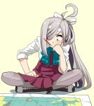  1girl ahoge asashimo_(kantai_collection) bow bowtie closed_mouth dress_shirt eyebrows_visible_through_hair front-seamed_legwear full_body green_eyes grey_hair hair_over_one_eye hand_on_lap hand_on_own_chin headband kantai_collection kozou_(rifa) legs_crossed long_hair long_sleeves map pantyhose pencil ponytail purple_legwear purple_skirt school_uniform seamed_legwear shirt simple_background sitting skirt solo white_shirt yellow_background 