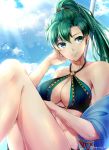  1girl adapted_costume bare_legs bare_shoulders beads bikini breasts cleavage clouds cloudy_sky collarbone day fire_emblem fire_emblem:_rekka_no_ken green_eyes green_hair hair_beads hair_ornament hand_on_own_face highres kazame lens_flare long_hair lyndis_(fire_emblem) medium_breasts nintendo o-ring o-ring_bikini o-ring_top ponytail sitting sky solo sunlight swimsuit twitter_username wet 