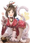  1girl absurdres all_fours animal_ears bag bangs bell bell_collar blunt_bangs blush breasts brown_hair cat cat_ears cat_tail claws cleavage collar eyebrows_visible_through_hair fang foreshortening granblue_fantasy hair_ornament hair_up handbag highres idolmaster idolmaster_cinderella_girls japanese_clothes kimono large_breasts looking_at_viewer maekawa_miku open_mouth parted_bangs paw_print_pattern paw_shoes paws ponytail red_kimono ribbon shoes short_hair smile swepot tail thighs yellow_eyes yellow_ribbon 