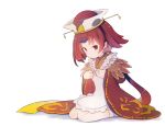  1girl apron beni_shake benienma_(fate/grand_order) blush brown_hair brown_hat brown_kimono chibi closed_mouth commentary_request fate/grand_order fate_(series) full_body hands_up hat japanese_clothes kimono long_sleeves looking_at_viewer red_eyes sitting sleeves_past_wrists socks solo wariza white_apron white_background white_legwear wide_sleeves 