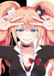  1girl bear_hair_ornament black_collar blonde_hair blue_eyes blush breasts cleavage collar collarbone commentary_request dangan_ronpa dangan_ronpa_1 dot_nose enoshima_junko evil_grin evil_smile eyebrows_visible_through_hair face fingernails grin hair_between_eyes hair_ornament hands highres large_breasts long_hair looking_at_viewer mako_dai_ni-dai multicolored multicolored_background nail_polish necktie out_of_frame red_nails red_ribbon ribbon school_uniform sharp_teeth simple_background smile solo teeth twintails v white_neckwear 