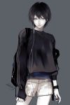  1boy arms_at_sides artist_name black_hair black_shirt cable commentary earphones earphones english_commentary expressionless grey_background grey_eyes lips long_sleeves looking_at_viewer male_focus original shirt shorts simple_background solo takenaka watch watch watermark web_address 