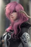 1girl artist_name au_ra bangs blurry blurry_background breasts chuby_mi dragon_horns final_fantasy final_fantasy_xiv hair_over_one_eye hair_over_shoulder highres horns lips long_hair looking_at_viewer medium_breasts pink_eyes pink_hair portrait profile scales smile solo watermark 