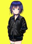  1girl bangs black_choker black_jacket blue_eyes choker closed_mouth collarbone cowboy_shot crescent eyebrows_visible_through_hair hands_in_pocket jacket minatoasu original purple_hair simple_background skindentation smile solo yellow_background 