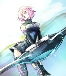  1girl armor bangs bare_shoulders black_armor black_gloves breasts butano_(star-dust_boxxx) elbow_gloves fate/grand_order fate_(series) gloves hair_over_one_eye highres holding_shield mash_kyrielight medium_breasts open_mouth purple_hair shield short_hair solo teeth thigh-highs turtleneck violet_eyes 