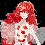  1other alternate_costume androgynous crystal_hair gem houseki_no_kuni kogatarou long_hair looking_at_viewer open_clothes padparadscha_(houseki_no_kuni) red_eyes redhead see-through_sleeves smile solo spoilers upper_body wavy_hair 